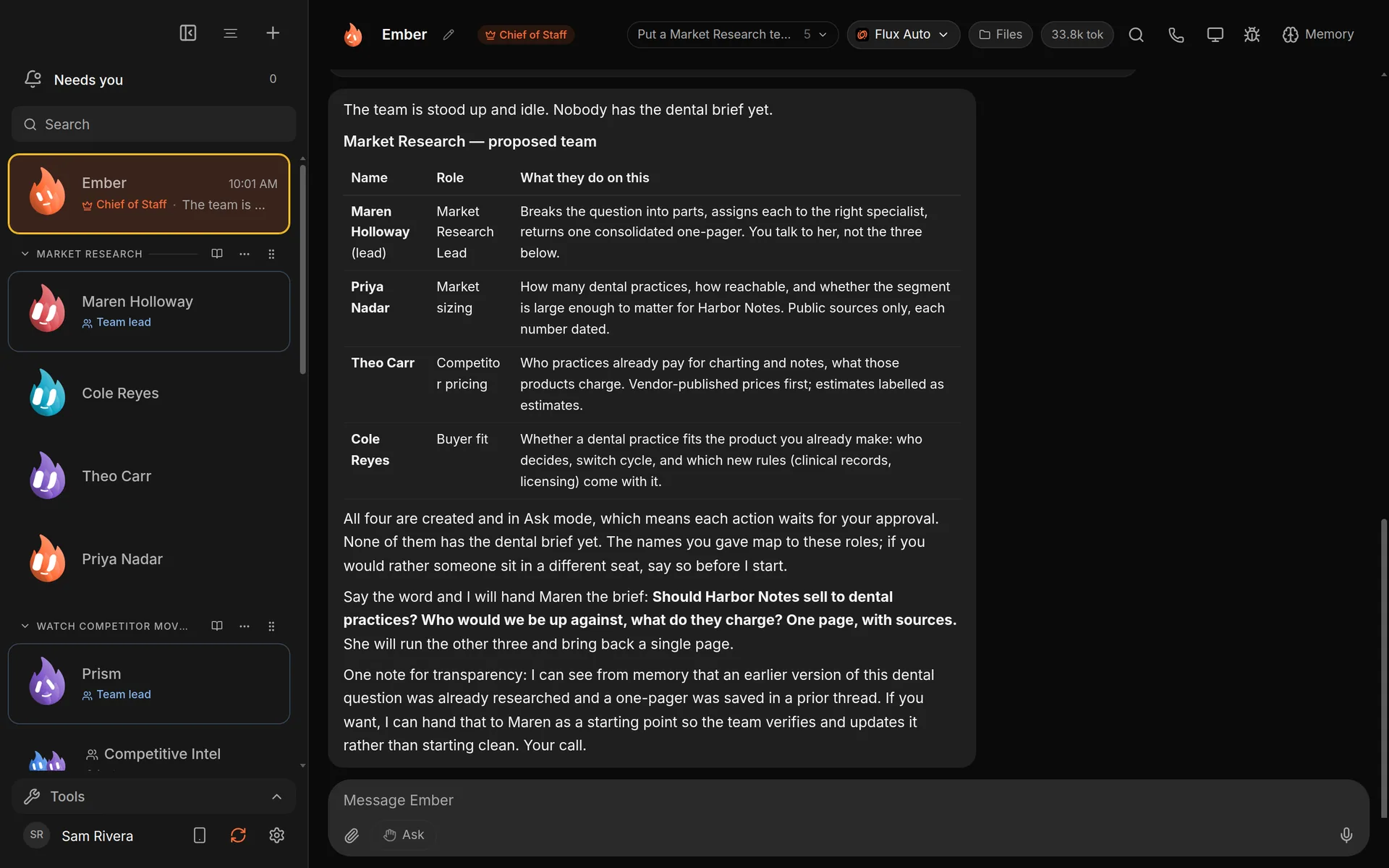 Murage screen where Ember proposes four assistants for a dental research brief and waits for approval.